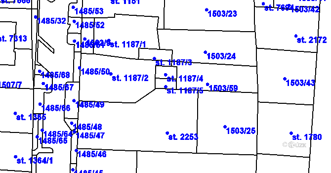 Parcela st. 1187/5 v KÚ Cheb, Katastrální mapa