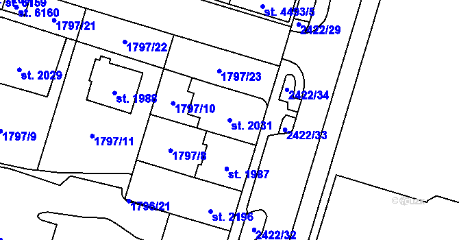 Parcela st. 2031 v KÚ Cheb, Katastrální mapa