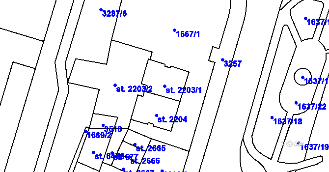 Parcela st. 2203/1 v KÚ Cheb, Katastrální mapa