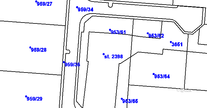Parcela st. 2398 v KÚ Cheb, Katastrální mapa