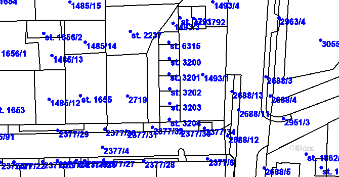 Parcela st. 3202 v KÚ Cheb, Katastrální mapa
