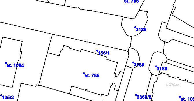 Parcela st. 135/1 v KÚ Cheb, Katastrální mapa