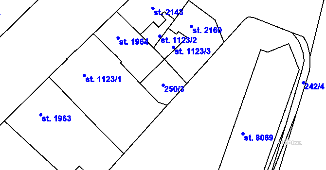 Parcela st. 250/3 v KÚ Cheb, Katastrální mapa