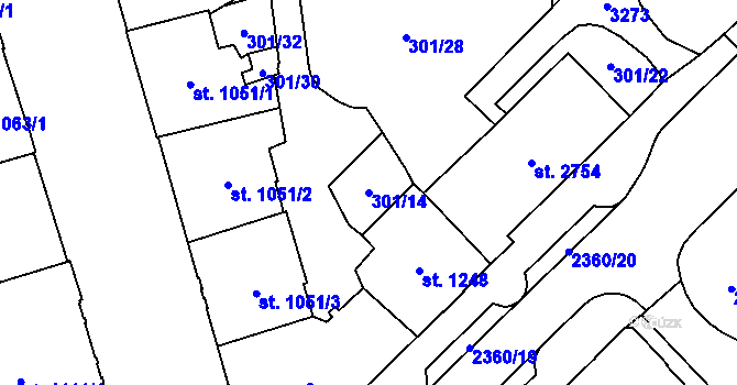 Parcela st. 301/14 v KÚ Cheb, Katastrální mapa