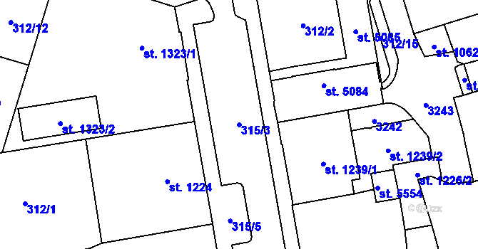 Parcela st. 315/3 v KÚ Cheb, Katastrální mapa