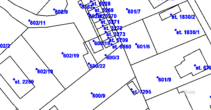 Parcela st. 600/3 v KÚ Cheb, Katastrální mapa