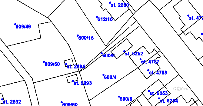 Parcela st. 600/8 v KÚ Cheb, Katastrální mapa