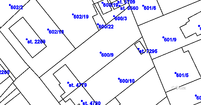 Parcela st. 600/9 v KÚ Cheb, Katastrální mapa