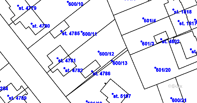 Parcela st. 600/12 v KÚ Cheb, Katastrální mapa