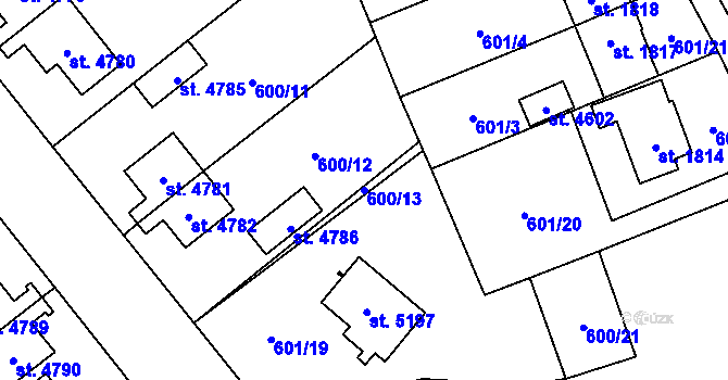 Parcela st. 600/13 v KÚ Cheb, Katastrální mapa