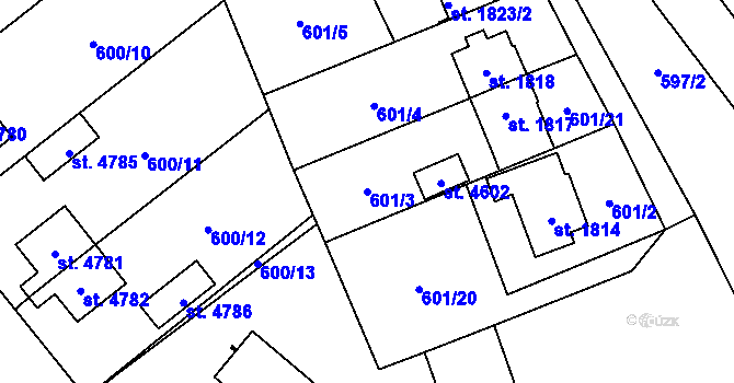 Parcela st. 601/3 v KÚ Cheb, Katastrální mapa