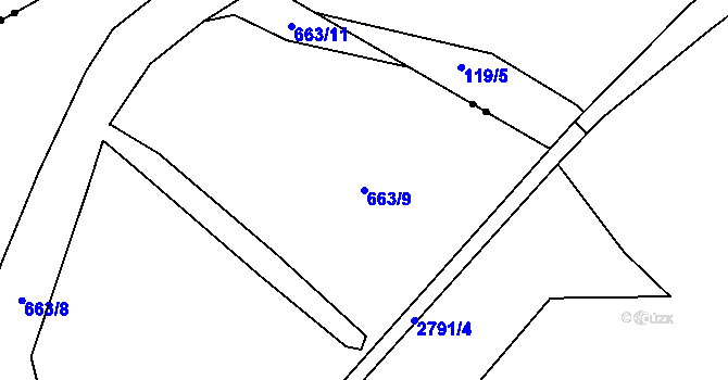 Parcela st. 663/9 v KÚ Cheb, Katastrální mapa