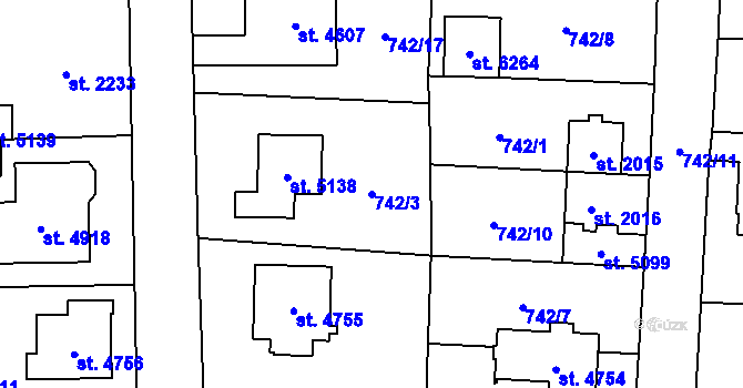 Parcela st. 742/3 v KÚ Cheb, Katastrální mapa