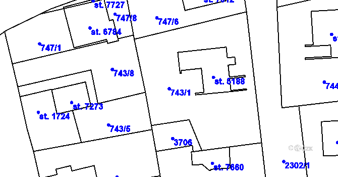 Parcela st. 743/1 v KÚ Cheb, Katastrální mapa