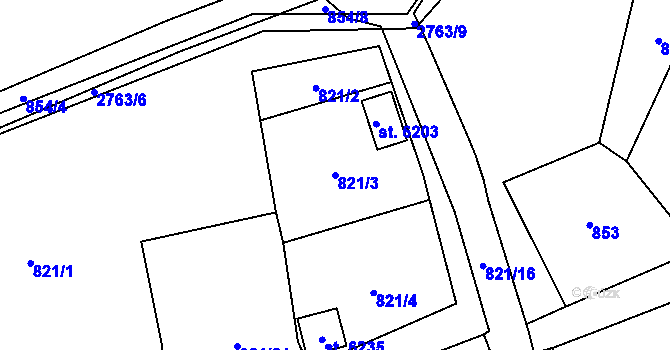 Parcela st. 821/3 v KÚ Cheb, Katastrální mapa