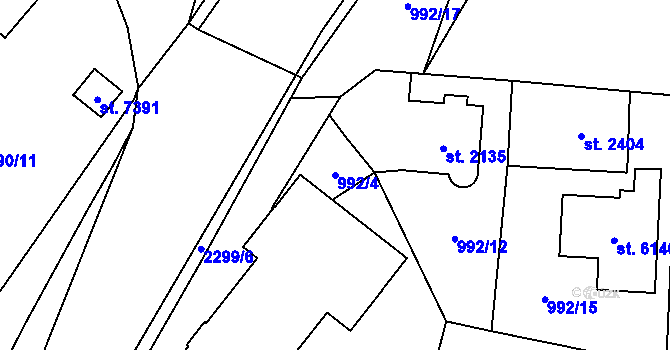 Parcela st. 992/4 v KÚ Cheb, Katastrální mapa