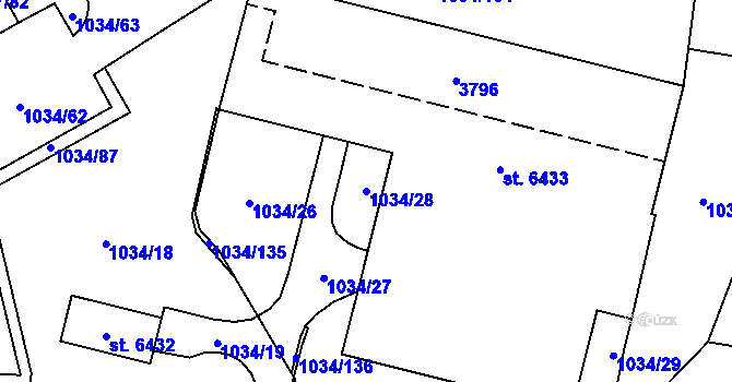 Parcela st. 1034/28 v KÚ Cheb, Katastrální mapa