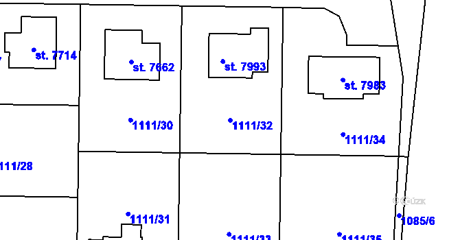 Parcela st. 1111/32 v KÚ Cheb, Katastrální mapa