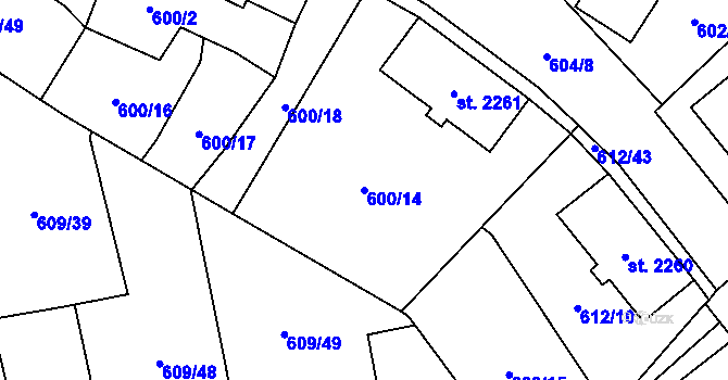 Parcela st. 600/14 v KÚ Cheb, Katastrální mapa