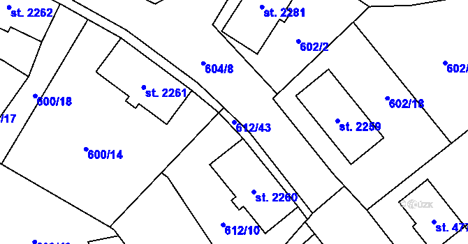 Parcela st. 612/43 v KÚ Cheb, Katastrální mapa