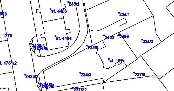 Parcela st. 233/6 v KÚ Cheb, Katastrální mapa