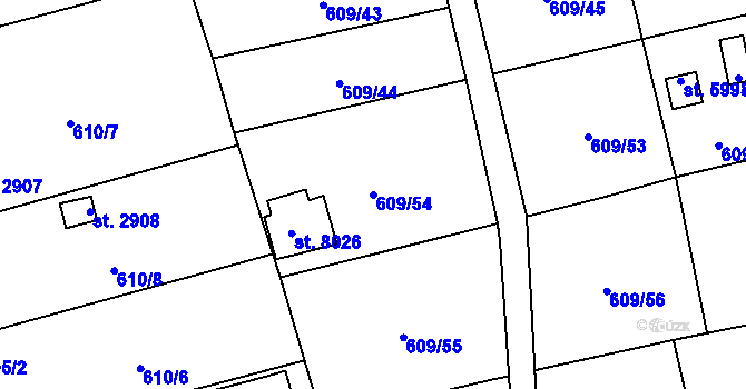 Parcela st. 609/54 v KÚ Cheb, Katastrální mapa