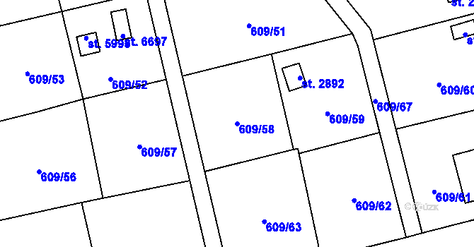 Parcela st. 609/58 v KÚ Cheb, Katastrální mapa