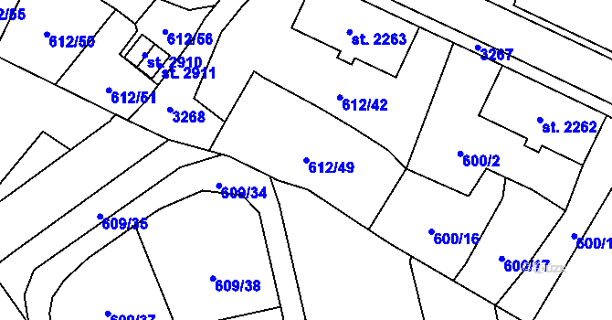 Parcela st. 612/49 v KÚ Cheb, Katastrální mapa
