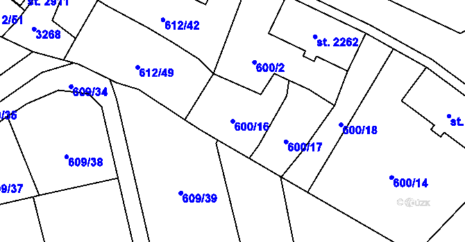 Parcela st. 600/16 v KÚ Cheb, Katastrální mapa