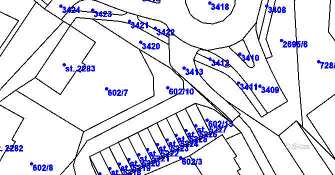 Parcela st. 602/10 v KÚ Cheb, Katastrální mapa