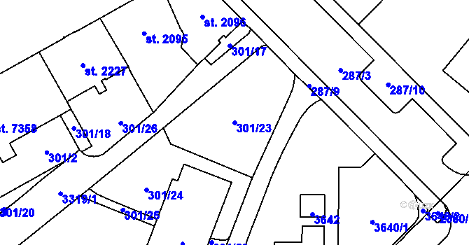Parcela st. 301/23 v KÚ Cheb, Katastrální mapa