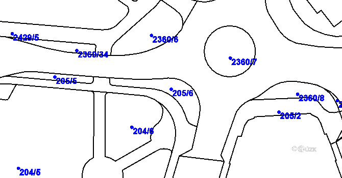 Parcela st. 205/6 v KÚ Cheb, Katastrální mapa