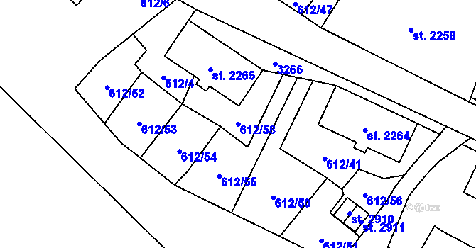 Parcela st. 612/58 v KÚ Cheb, Katastrální mapa