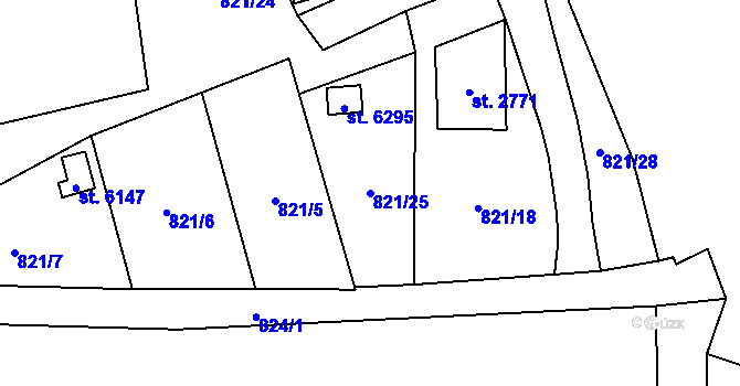 Parcela st. 821/25 v KÚ Cheb, Katastrální mapa