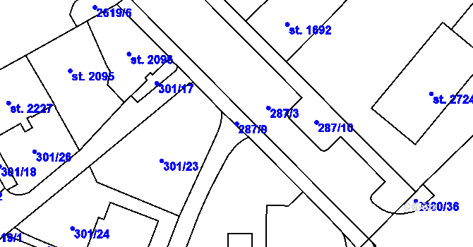 Parcela st. 287/9 v KÚ Cheb, Katastrální mapa