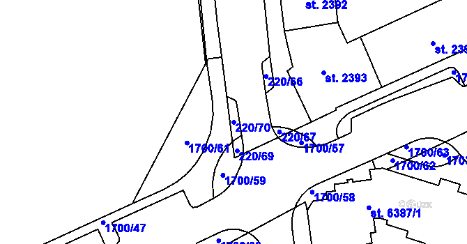 Parcela st. 220/70 v KÚ Cheb, Katastrální mapa