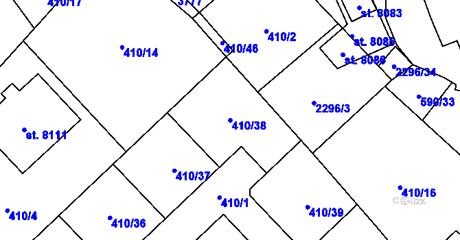Parcela st. 410/38 v KÚ Cheb, Katastrální mapa