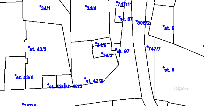 Parcela st. 34/3 v KÚ Truskovice, Katastrální mapa