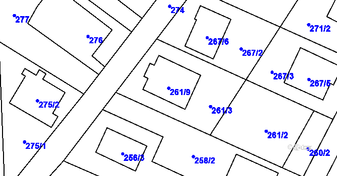 Parcela st. 261/9 v KÚ Chlebičov, Katastrální mapa