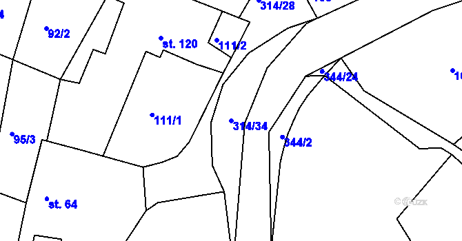Parcela st. 314/34 v KÚ Chlum u Hradce Králové, Katastrální mapa