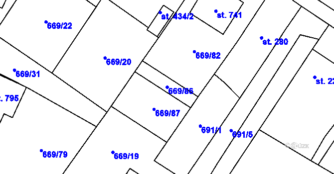 Parcela st. 669/86 v KÚ Chlumčany u Přeštic, Katastrální mapa