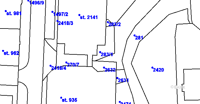 Parcela st. 283/1 v KÚ Chlumec nad Cidlinou, Katastrální mapa