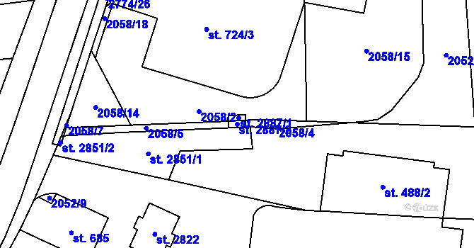 Parcela st. 2887/2 v KÚ Choceň, Katastrální mapa