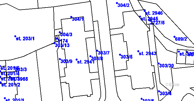 Parcela st. 303/7 v KÚ Choceň, Katastrální mapa