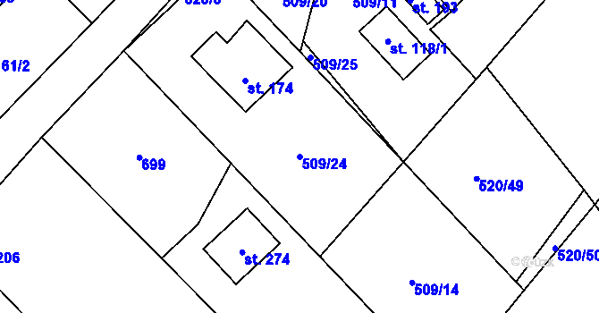 Parcela st. 509/24 v KÚ Chocenice, Katastrální mapa