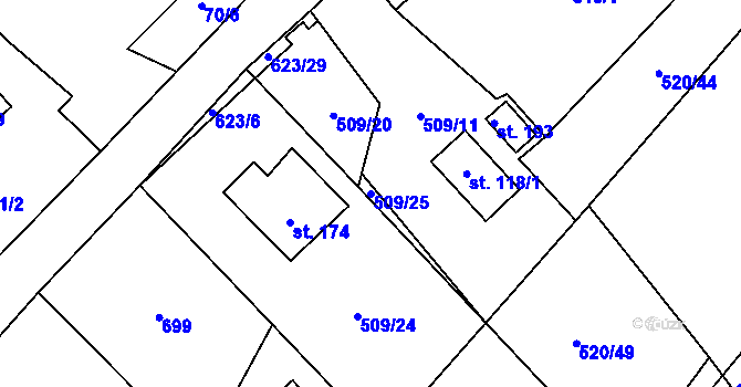 Parcela st. 509/25 v KÚ Chocenice, Katastrální mapa