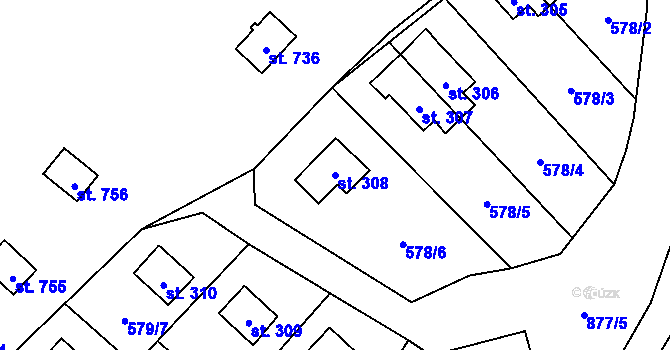 Parcela st. 308 v KÚ Chocerady, Katastrální mapa
