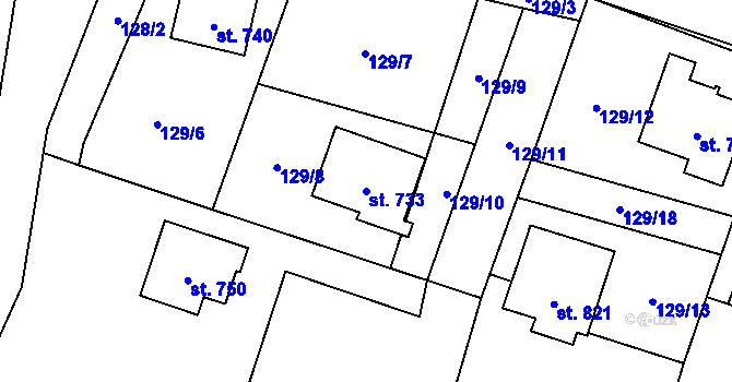 Parcela st. 733 v KÚ Chocerady, Katastrální mapa