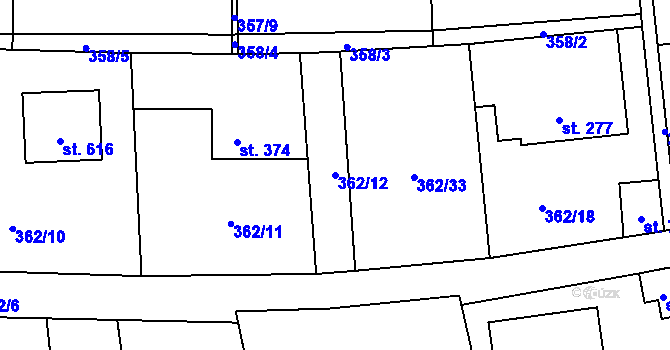 Parcela st. 362/12 v KÚ Chocerady, Katastrální mapa