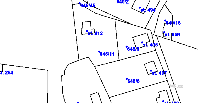 Parcela st. 645/11 v KÚ Chocerady, Katastrální mapa